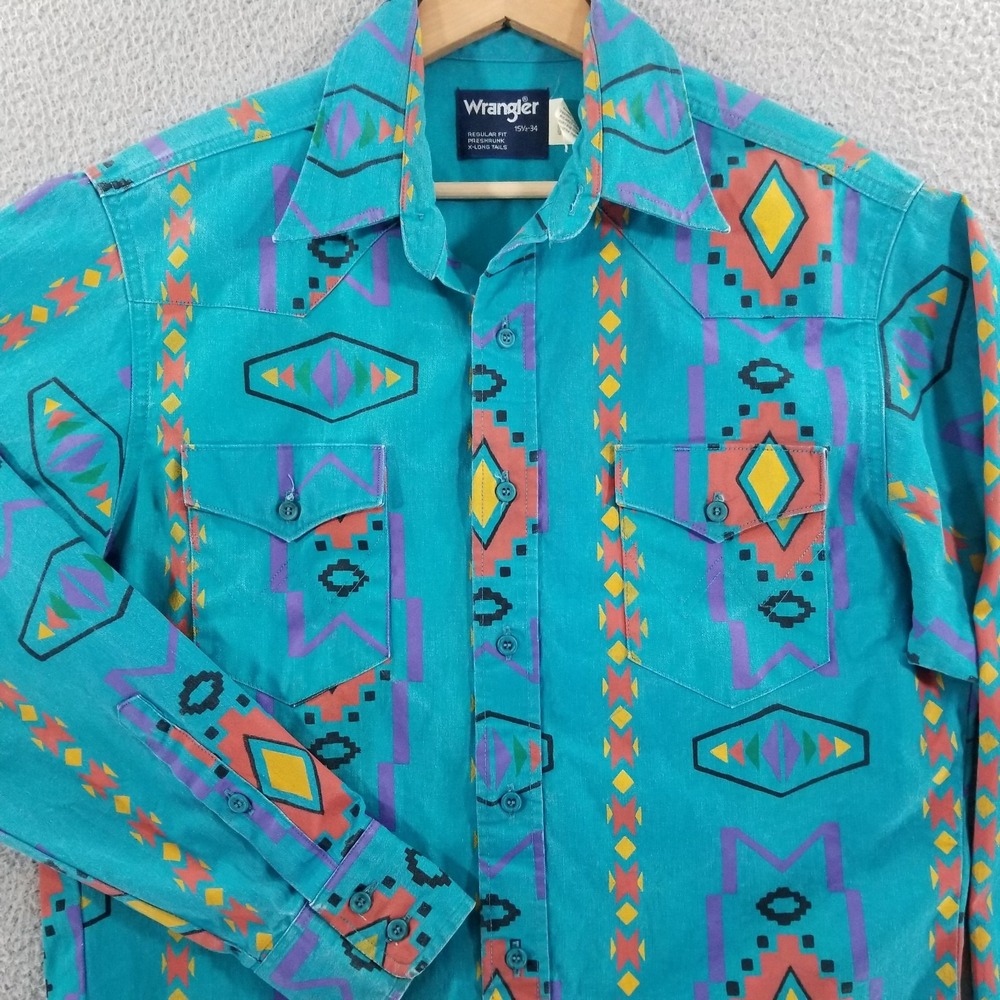 Vtg Wrangler Brushpopper Medium 15.5 Aztec Rodeo Cowboy Western Southwest USA